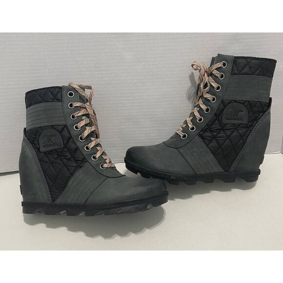 Sorel Lexie Wedge Boot Quilted Dark Slate Pink Laces Winter Booties Gray 11 - Picture 5 of 12